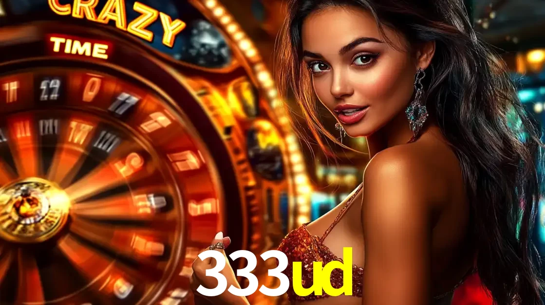 Mulher ao lado da roda de prêmios do jogo de cassino ao vivo Crazy Time, um dos shows de jogos mais emocionantes oferecidos pela plataforma de apostas 333ud.