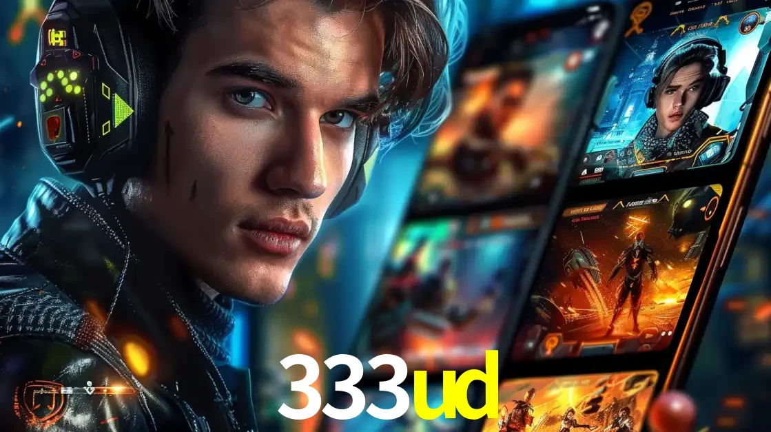 Jovem jogador com fones de ouvido olhando para a câmera, com um aplicativo de jogos e e-sports para celular ao fundo, pronto para a competição e apostas no 333ud.